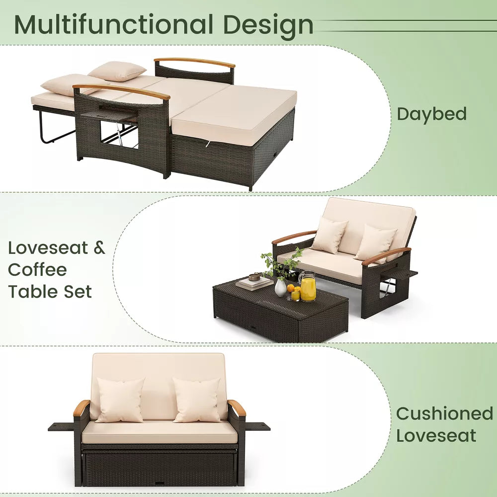 Patio Rattan Daybed Set w/ Cushioned Loveseat & Storage Ottoman