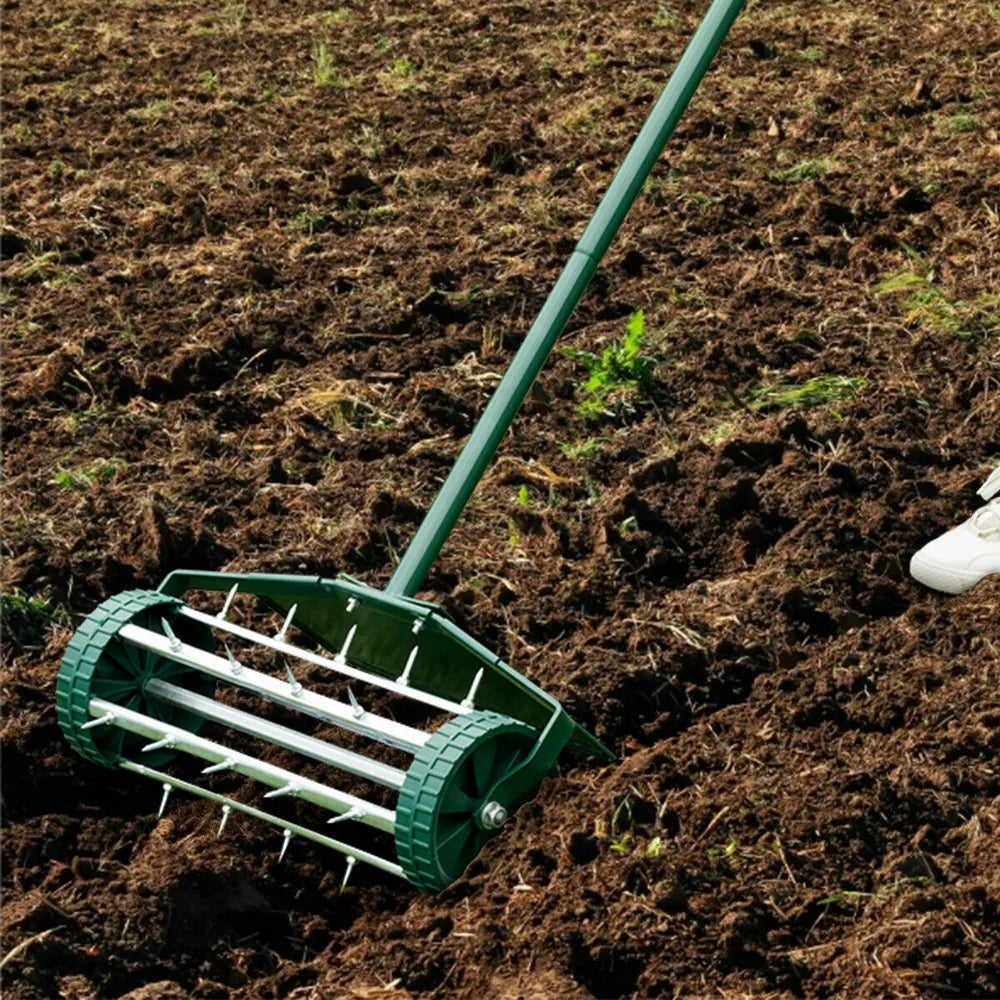 Heavy Duty Rolling Lawn Garden Spike Lawn Aerator with 3-Piece Long Steel Handle