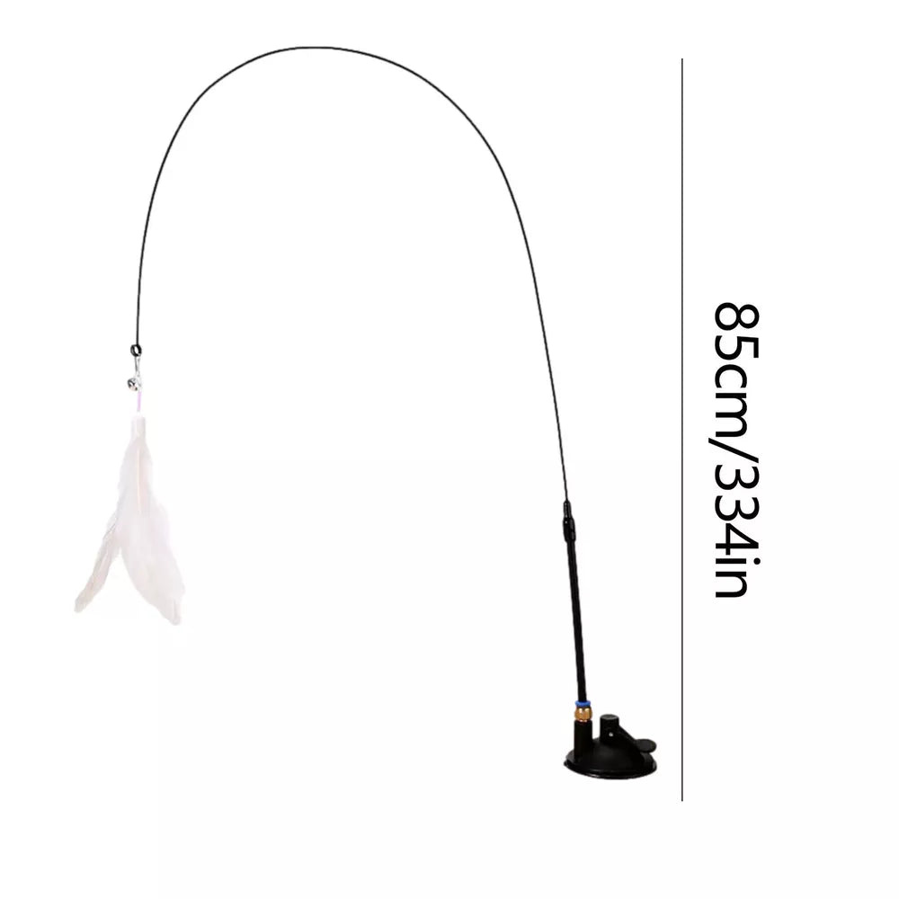 Cat Feather Wand Stick with Suction Cup Wire Teaser Kitten Toy w/ Dangle Bell