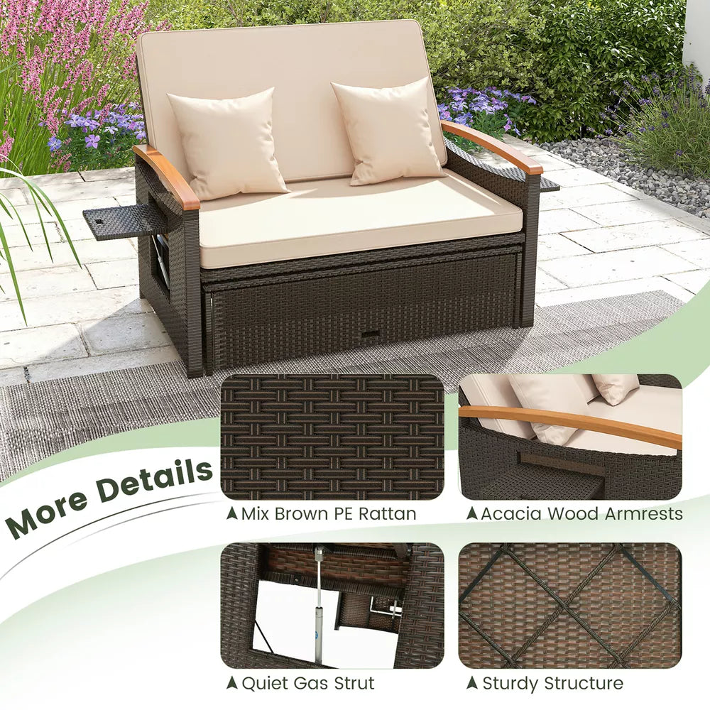 Patio Rattan Daybed Set w/ Cushioned Loveseat & Storage Ottoman