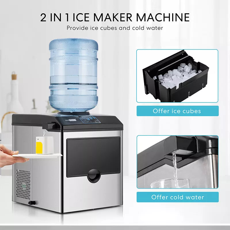 2 in 1 Countertop Ice Cube Maker 48lbs/Day with Water Dispenser Combo Machine