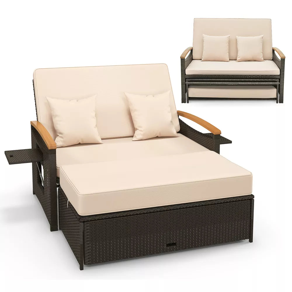 Patio Rattan Daybed Set w/ Cushioned Loveseat & Storage Ottoman