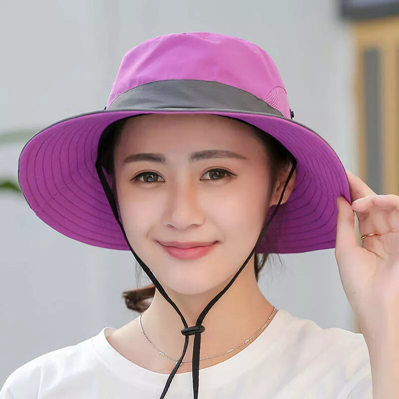 Women's Summer Bucket Hat Boonie Ponytail Wide Brim Sun UV Protection Travel Cap