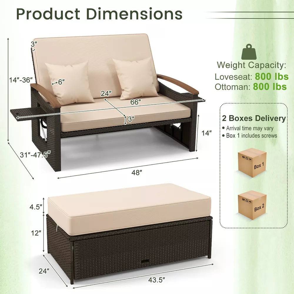 Patio Rattan Daybed Set w/ Cushioned Loveseat & Storage Ottoman