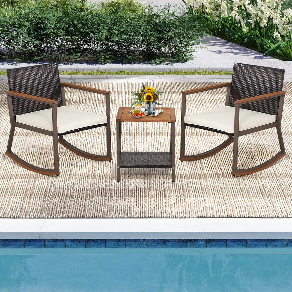 3PCS Patio Rattan Rocking Chair Bistro Set Armrest Cushion Table w/Storage Shelf