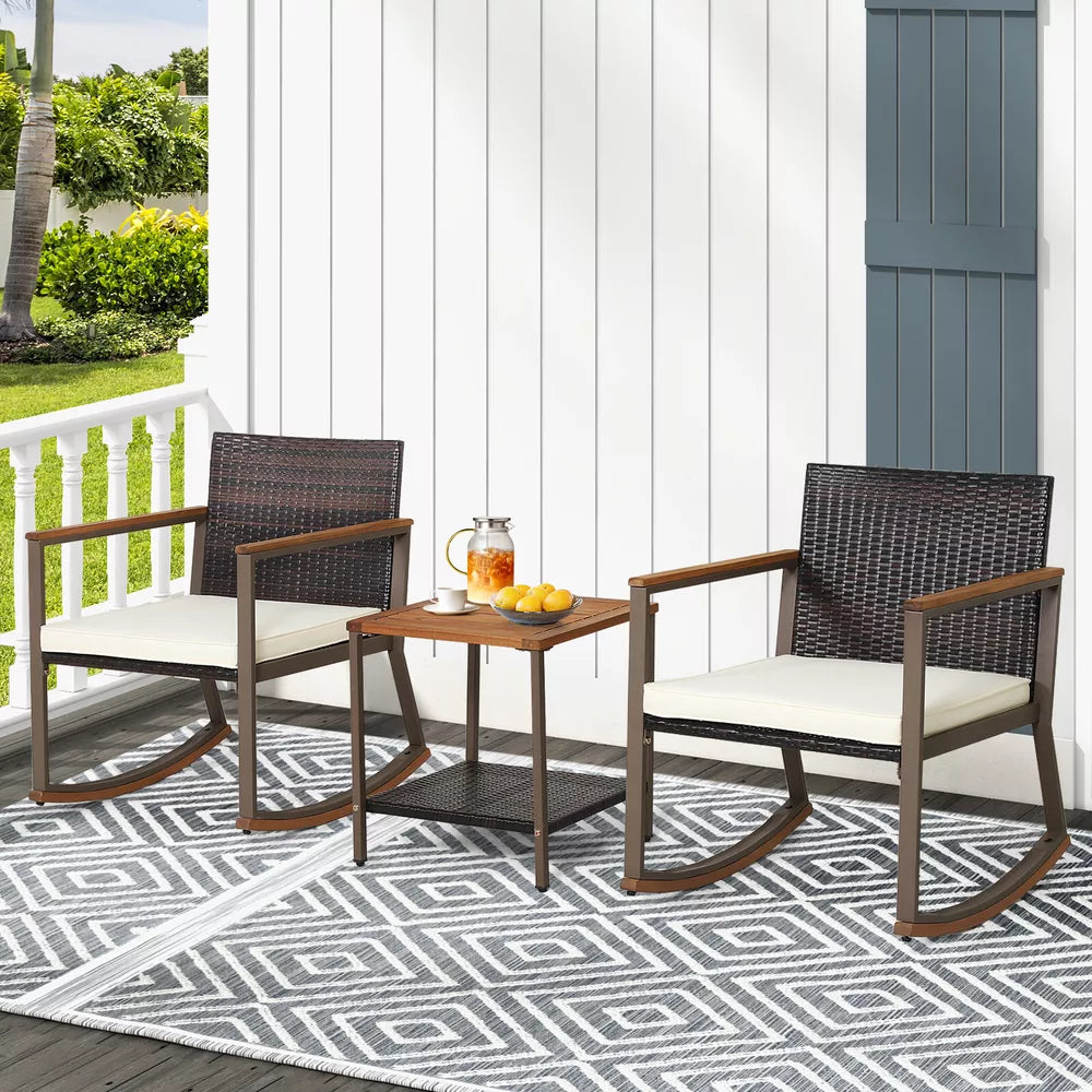 3PCS Patio Rattan Rocking Chair Bistro Set Armrest Cushion Table w/Storage Shelf
