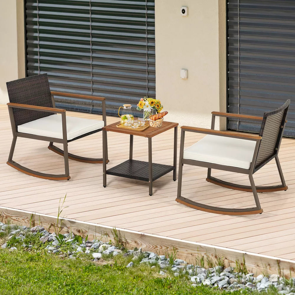 3PCS Patio Rattan Rocking Chair Bistro Set Armrest Cushion Table w/Storage Shelf