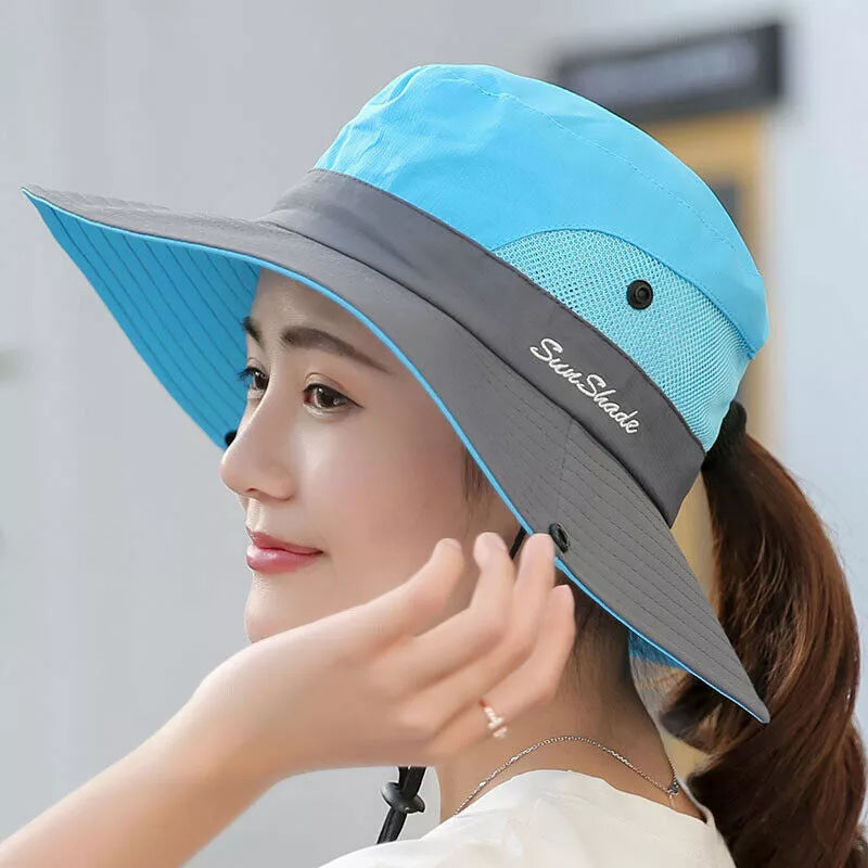 Women's Summer Bucket Hat Boonie Ponytail Wide Brim Sun UV Protection Travel Cap
