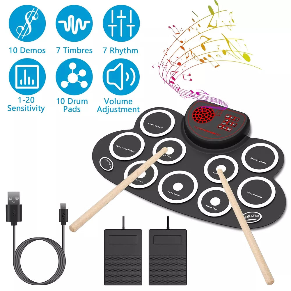 Portable 10 Pad Electronic Drum Set with Headphone Jack, Speakers &Drum Sticks