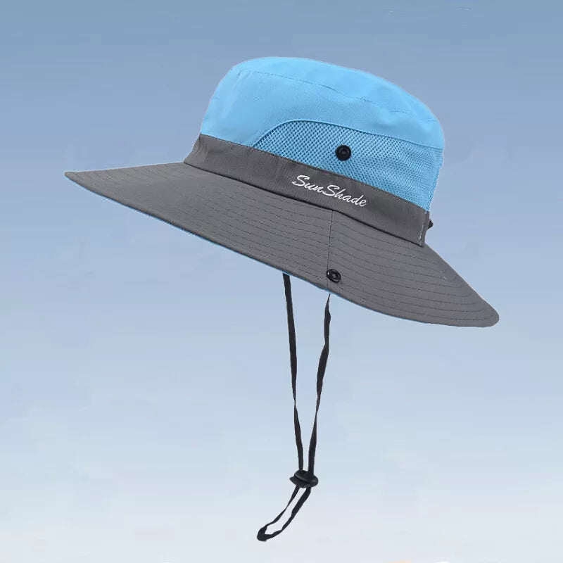 Women's Summer Bucket Hat Boonie Ponytail Wide Brim Sun UV Protection Travel Cap