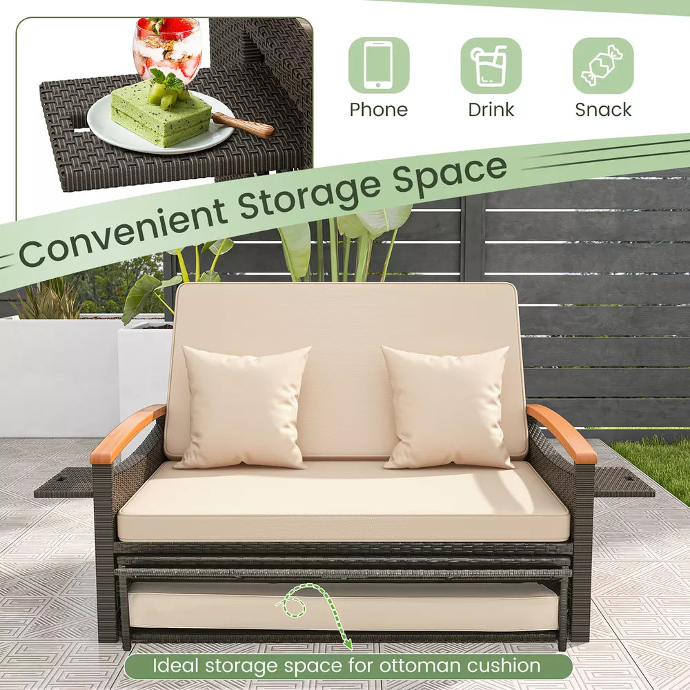 Patio Rattan Daybed Set w/ Cushioned Loveseat & Storage Ottoman