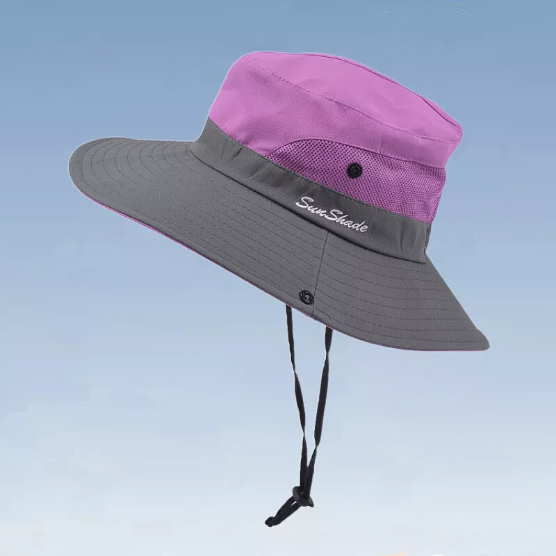 Women's Summer Bucket Hat Boonie Ponytail Wide Brim Sun UV Protection Travel Cap
