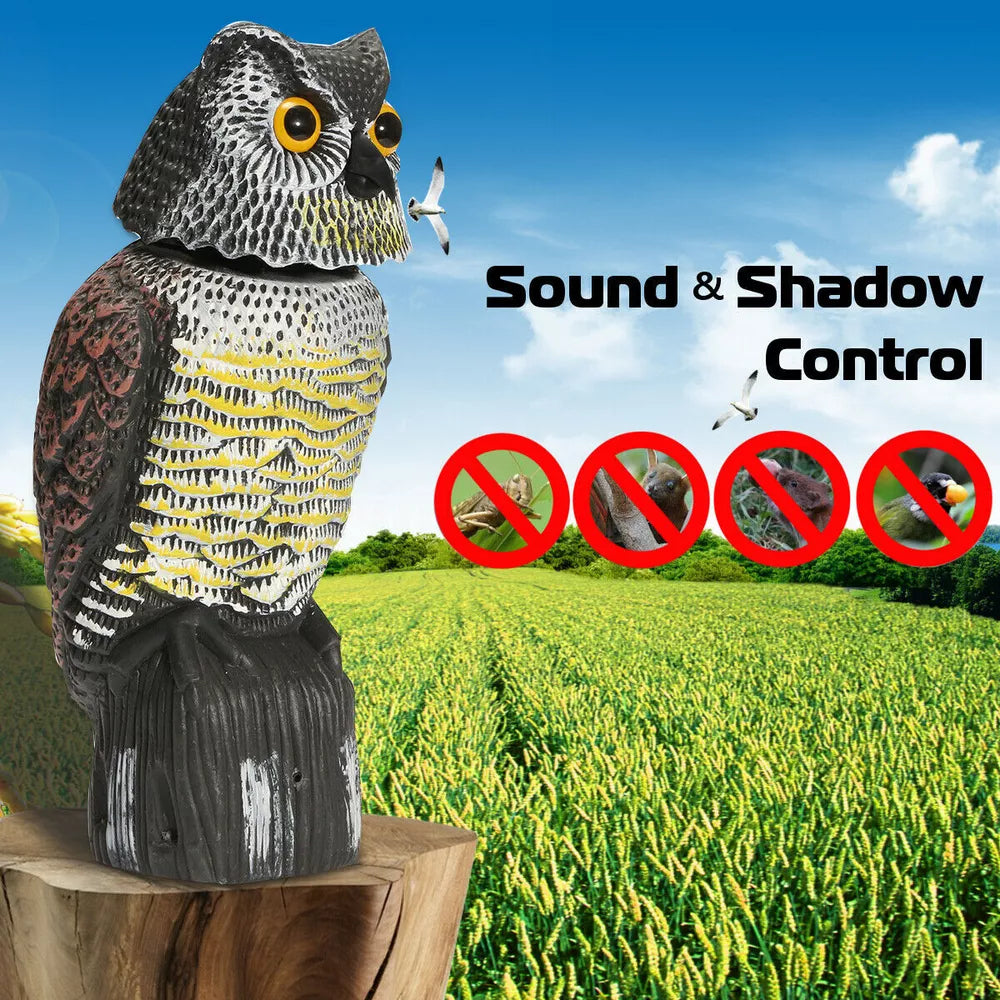 Realistic Owl Decoy with Rotating Head Outdoor Garden Repellent Bird Scare US