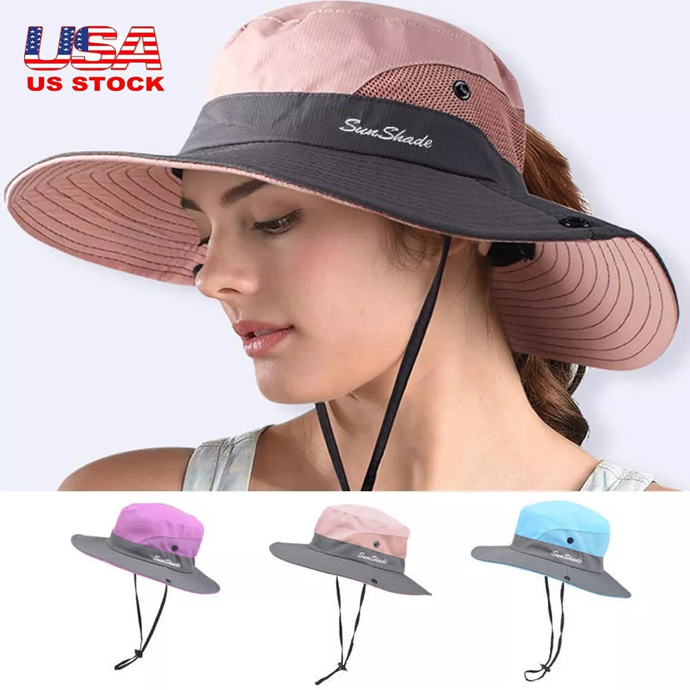 Women's Summer Bucket Hat Boonie Ponytail Wide Brim Sun UV Protection Travel Cap
