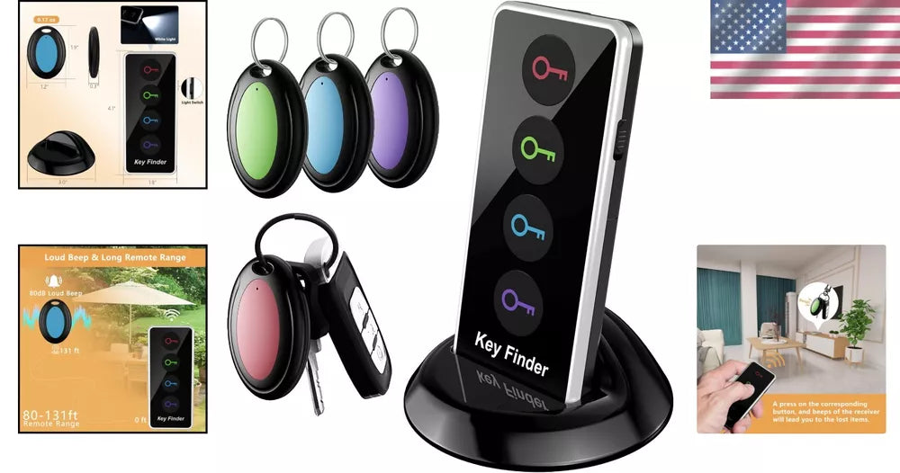 Effortless Key Finder with 4 Tags - 131ft Range, Loud Beep & Flashlight