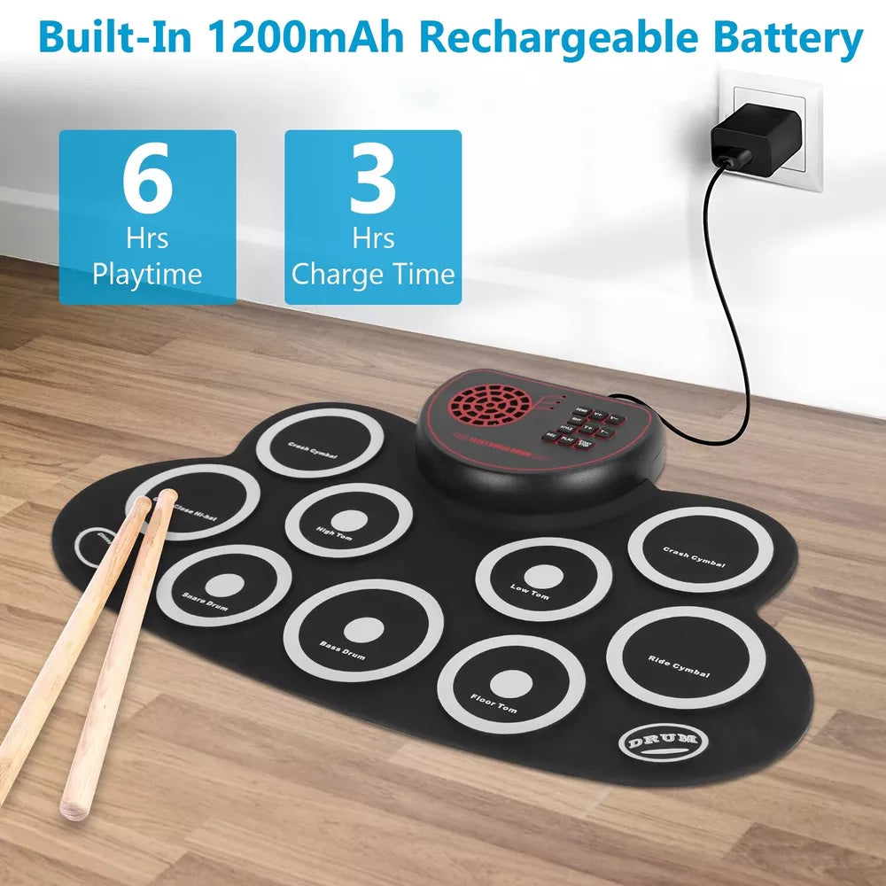 Portable 10 Pad Electronic Drum Set with Headphone Jack, Speakers &Drum Sticks