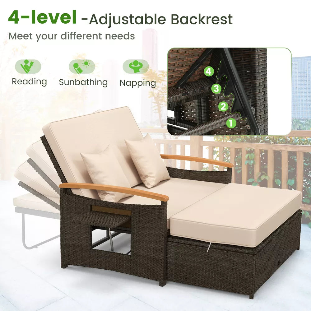 Patio Rattan Daybed Set w/ Cushioned Loveseat & Storage Ottoman