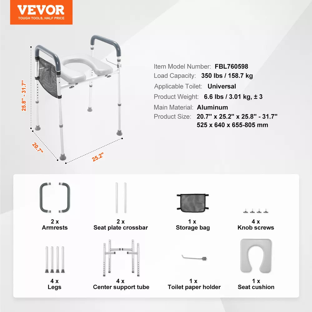 VEVOR Raised Toilet Seat 19.3"-25.2" 350 lbs Universal Toilet Riser for Elderly