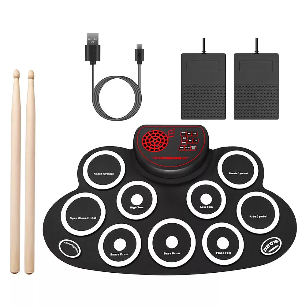 Portable 10 Pad Electronic Drum Set with Headphone Jack, Speakers &Drum Sticks