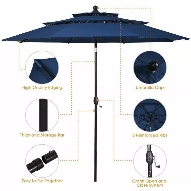 10' Outdoor Canopy 3 Tier Patio Umbrella Market w/Tilt System & Crank Operation