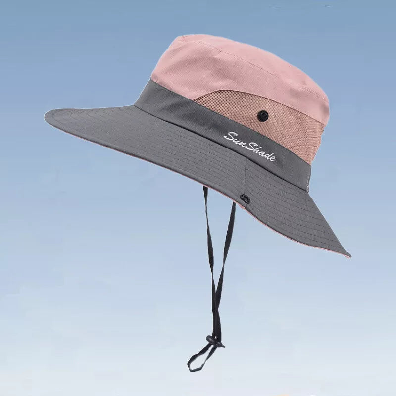 Women's Summer Bucket Hat Boonie Ponytail Wide Brim Sun UV Protection Travel Cap