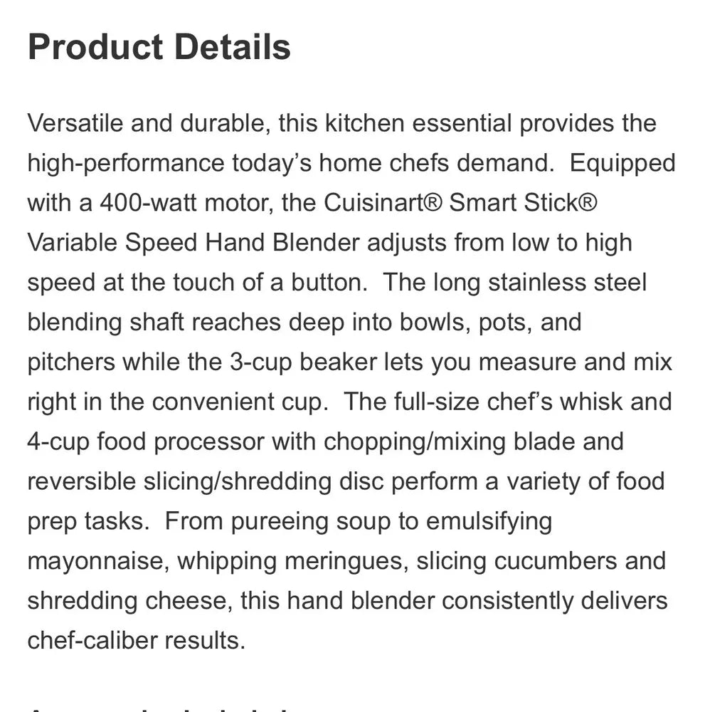 Cuisinart HB400PC Variable Speed Immersion Blender with Food Processor 