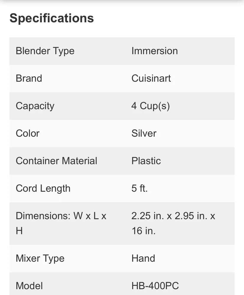 Cuisinart HB400PC Variable Speed Immersion Blender with Food Processor 