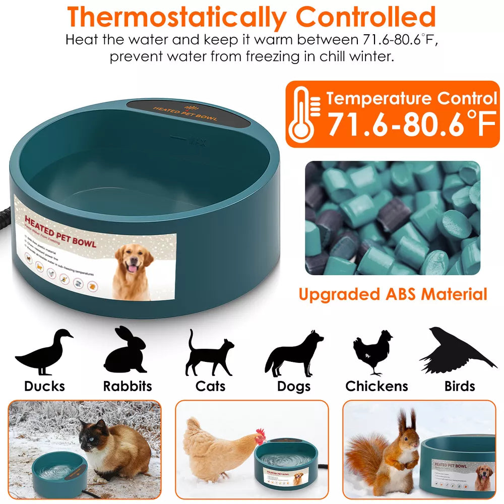 Dog Cat Heated Water Bowl Outdoor Thermostat for Chickens Rabbits Bird Bath