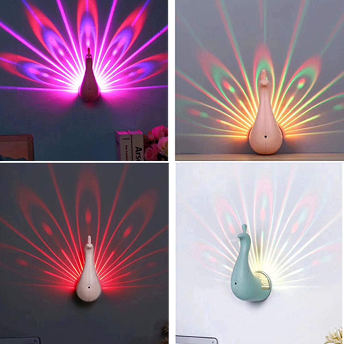 Peacock USB Night Light LED Projection Wall Lamp Color Options & Remote Control