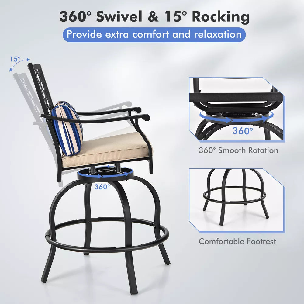 Costway Patio Bar Stool Chairs W/ Beige Cushion Metal Swivel Outdoor (2-Set)
