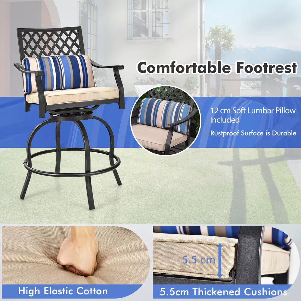 Costway Patio Bar Stool Chairs W/ Beige Cushion Metal Swivel Outdoor (2-Set)