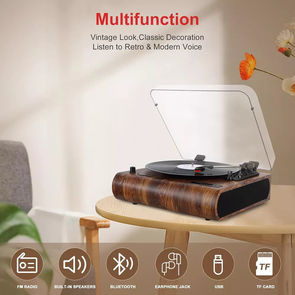 VOSTERIO Vinyl Bluetooth Record Player, 3 Speed Turntable with Built-in Speakers