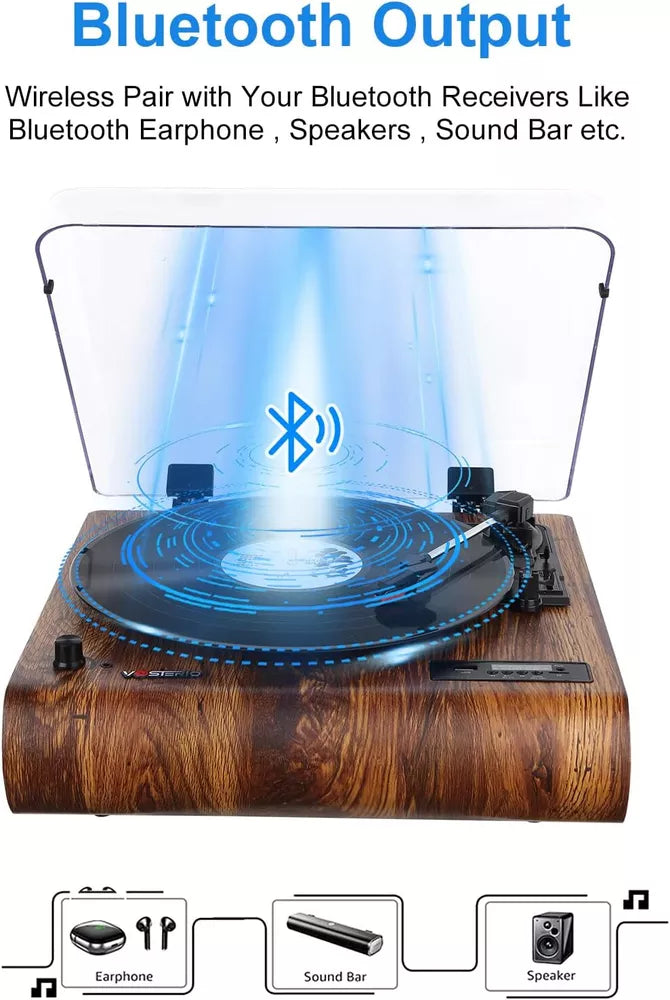 VOSTERIO Vinyl Bluetooth Record Player, 3 Speed Turntable with Built-in Speakers