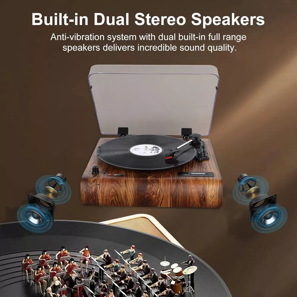 VOSTERIO Vinyl Bluetooth Record Player, 3 Speed Turntable with Built-in Speakers