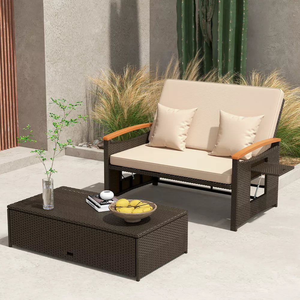 Patio Rattan Daybed Set w/ Cushioned Loveseat & Storage Ottoman