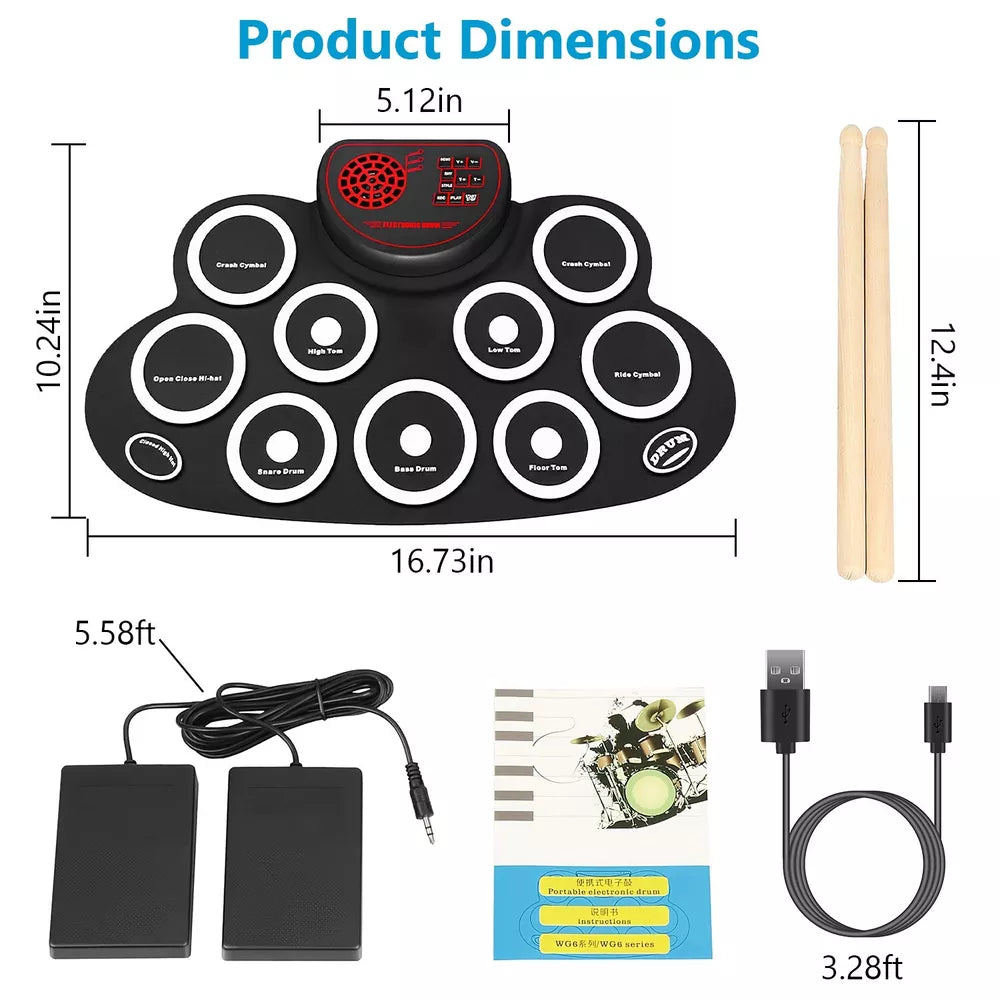 Portable 10 Pad Electronic Drum Set with Headphone Jack, Speakers &Drum Sticks