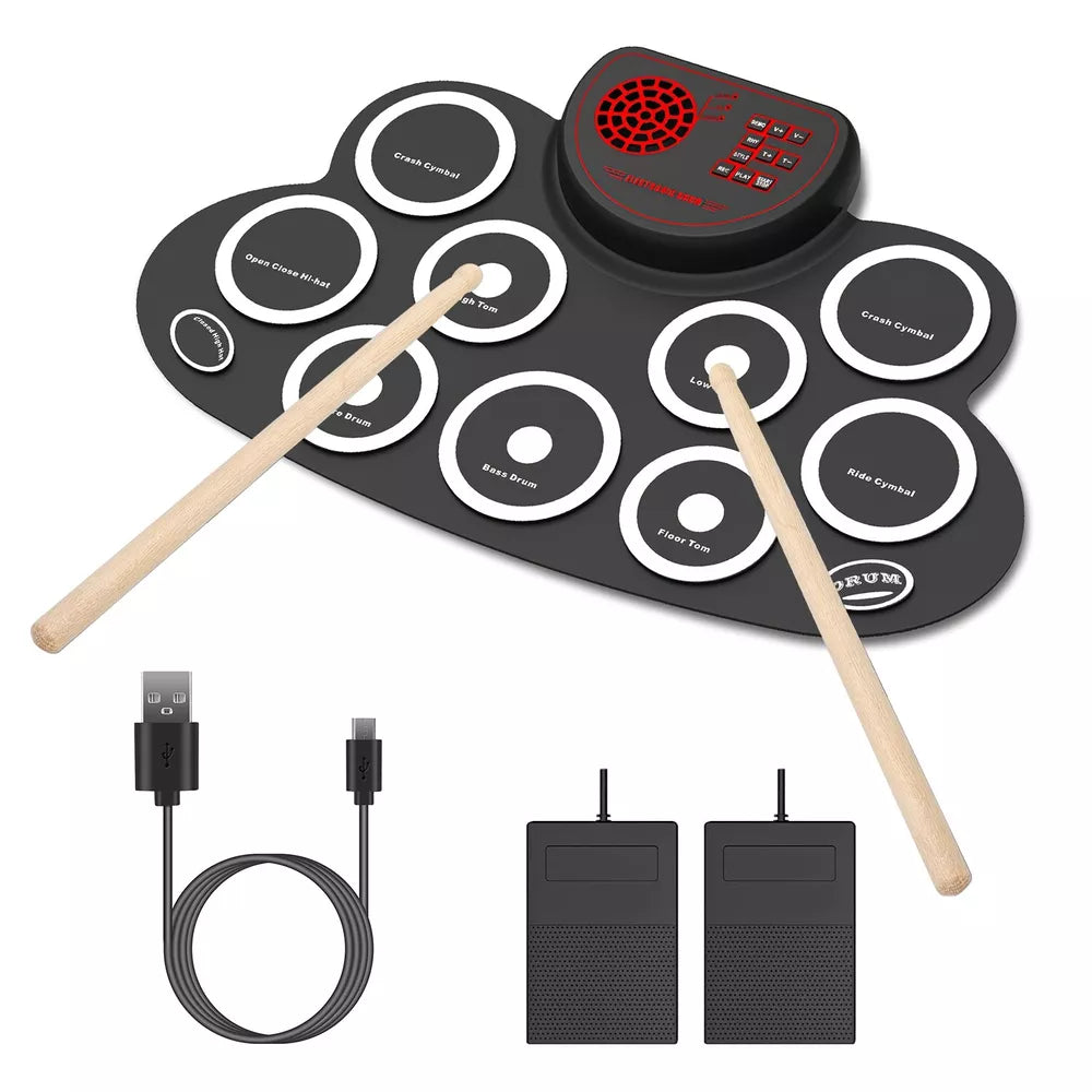 Portable 10 Pad Electronic Drum Set with Headphone Jack, Speakers &Drum Sticks