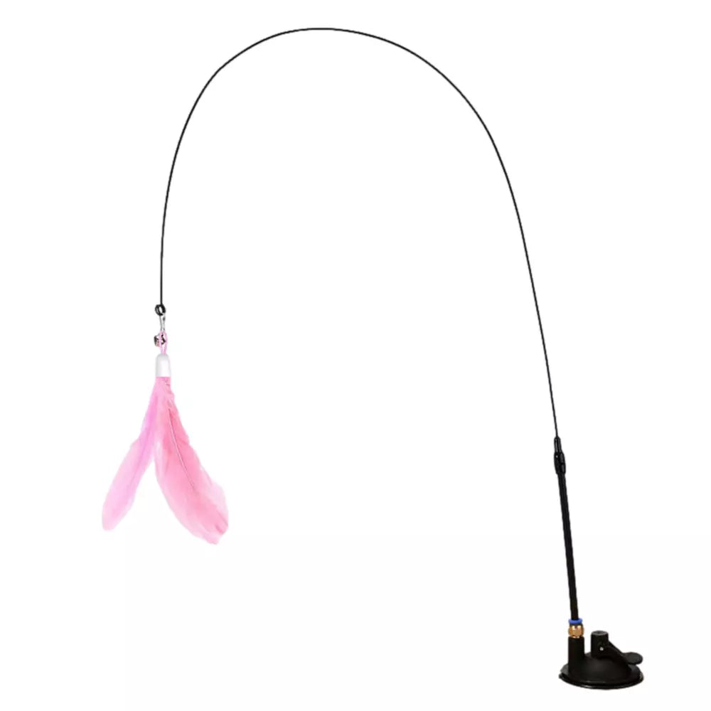 Cat Feather Wand Stick with Suction Cup Wire Teaser Kitten Toy w/ Dangle Bell