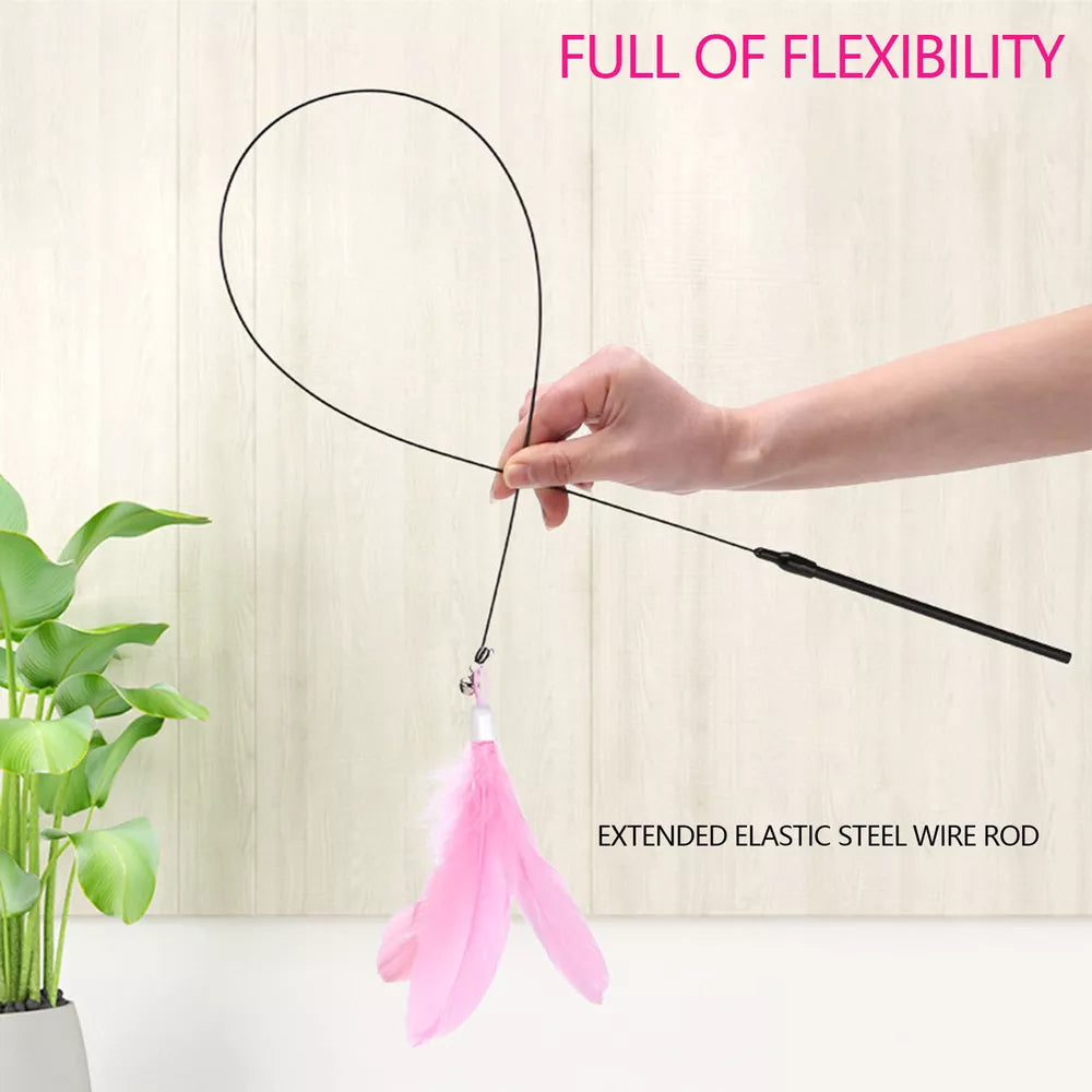 Cat Feather Wand Stick with Suction Cup Wire Teaser Kitten Toy w/ Dangle Bell