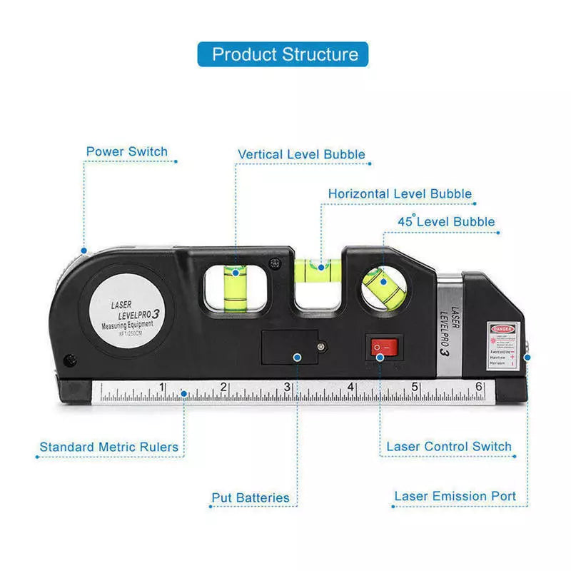 Laser Level Pro3 Horizontal Vertical 8FT 250cm Measuring Tape Ruler