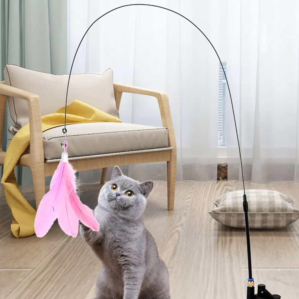 Cat Feather Wand Stick with Suction Cup Wire Teaser Kitten Toy w/ Dangle Bell