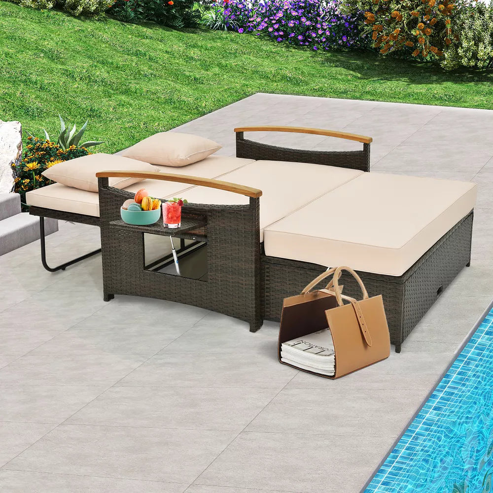Patio Rattan Daybed Set w/ Cushioned Loveseat & Storage Ottoman