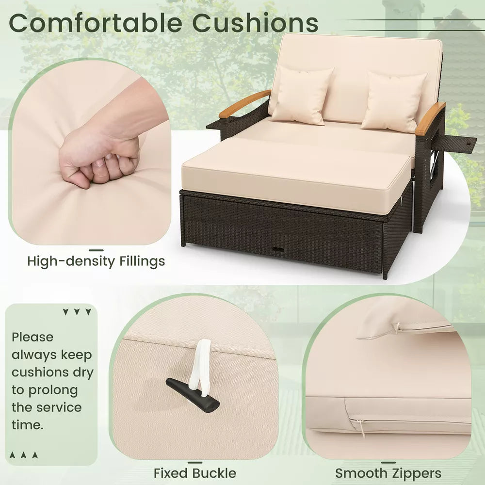 Patio Rattan Daybed Set w/ Cushioned Loveseat & Storage Ottoman
