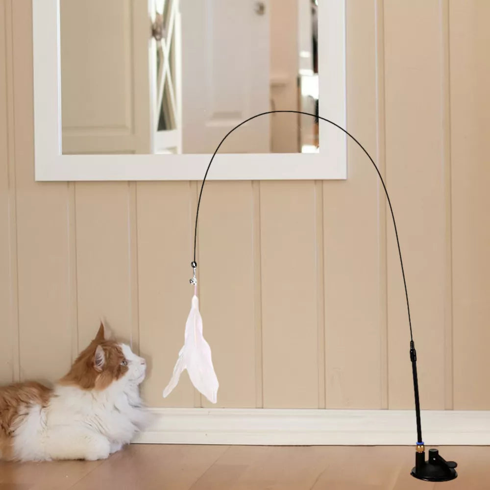 Cat Feather Wand Stick with Suction Cup Wire Teaser Kitten Toy w/ Dangle Bell