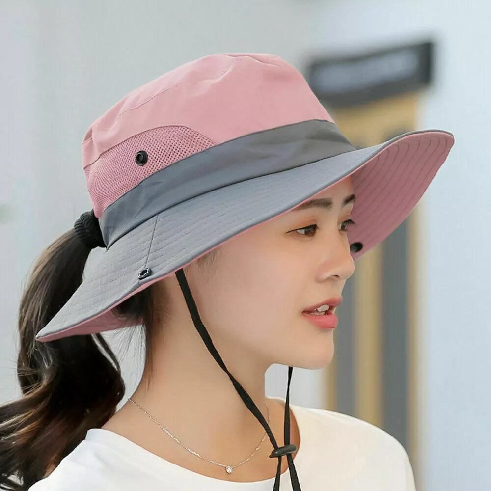 Women's Summer Bucket Hat Boonie Ponytail Wide Brim Sun UV Protection Travel Cap