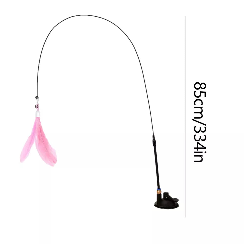 Cat Feather Wand Stick with Suction Cup Wire Teaser Kitten Toy w/ Dangle Bell