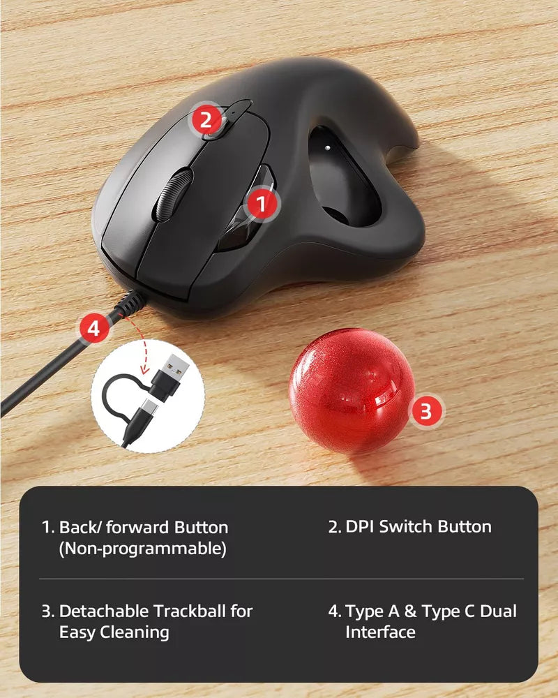 Nulea M509 Trackball Mouse Wired Ergonomic Design Easy Thumb Control Precise ...