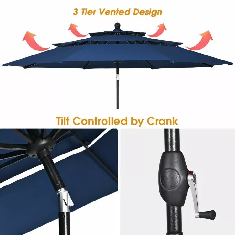 10' Outdoor Canopy 3 Tier Patio Umbrella Market w/Tilt System & Crank Operation