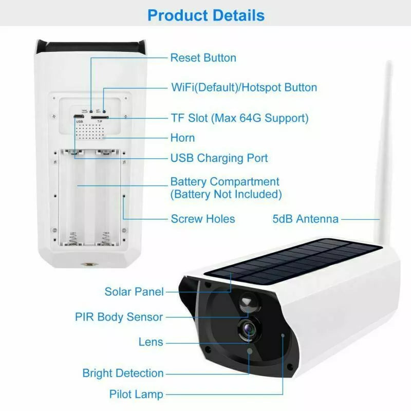 1080P HD Outdoor Solar Powered Wireless IP Camera WiFi Security Cam Night Vision