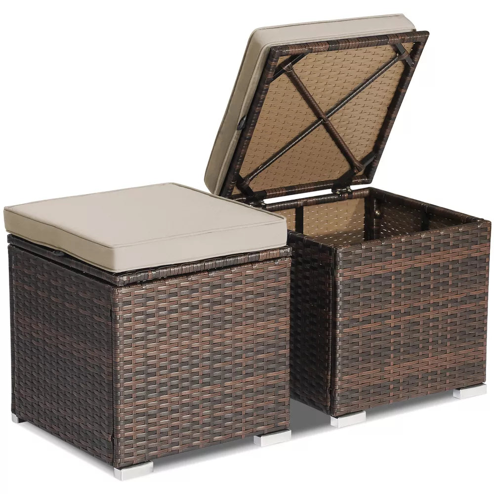 2PCS Patio Rattan Ottomans Seat Side Table Storage Box Footstool W/Cushion Beige